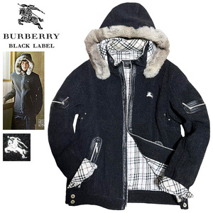 ★ホース刺繍&ノバチェック★L(3)バーバリーブラックレーベル ラビットファー 羊毛ラムウールZIPジャケット■BURBERRY BLACK LABELブルゾン