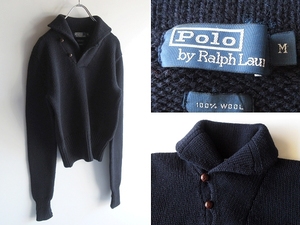 希少 00sビンテージ Polo by Ralph Lauren ラルフローレン SLIM FIT スリムフィット くるみ釦 ウール ショールカラー ニット M ネイビー 紺