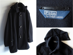 希少 00sビンテージ Polo by Ralph Lauren ラルフローレン フード取外可 ウールメルトン ステンカラー ダッフルコート L ダークネイビー 紺