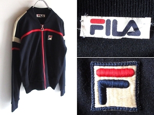 希少 ビンテージ FILA フィラ ロゴワッペン ニットジャージー トラックジャケット テニスブルゾン 2 ネイビー レッド ホワイト 男女着用可