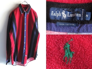 希少 90sビンテージ Ralph Lauren ラルフローレン ポロポニーロゴ刺繍 パネルストライプ ネップネル BDシャツ M 赤 黒 紫 RN41381 USA企画