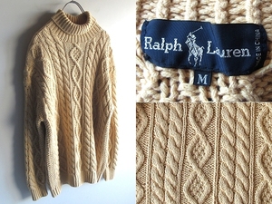 希少 90sビンテージ Ralph Lauren ラルフローレン タートルネック コットン ケーブルニット アランセーター フィッシャーマンズニット M