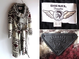  Italy made DIESEL diesel belt attaching leather Logo patch neitib pattern wool knitted gown coat XS ecru Brown bar gun ti