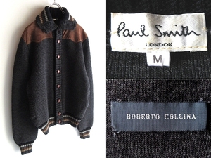  Vintage Paul Smith ROBERTO COLLINA Paul Smith special order ro belt collie na leather yoke knitted jacket cardigan M Italy made 