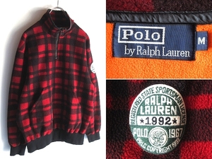 希少 90sビンテージ Polo by Ralph Lauren ラルフローレン ロゴワッペン バッファローチェック フリース プルオーバージャケット M 赤黒