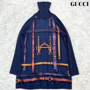 GUCCI グッチ スカーフ柄 ロゴ シルク ウール ニット ワンピース M ヴィンテージ オールド