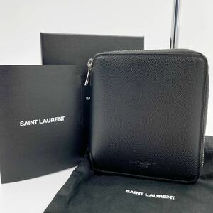 本物未使用級!!! Saint Laurent サンローラン ラウンドジップ コンパクトウォレット キャビアスキン 2つ折り財布 黒 箱 ケアカード付き