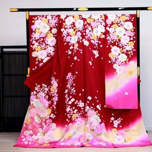 【紋意匠生地 牡丹と桜花柄 ワインレッド地色 ピンクぼかし】新品・未仕立て 正絹京友禅振袖 決算処分のため少々難あり品として出品！01