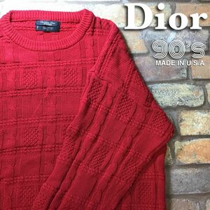 ★稀少★90’s USA製★正規品★【Dior Monsieur/クリスチャンディオール ムッシュ】ケーブル模様編み コットンセーター[海外 L] 赤 K3-143