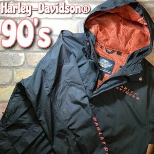 ★90′s USA直輸入★【Harley-Davidson】メッシュライナー＆フード付き ウインドブレーカー【メンズ L】黒 オレンジ アメ車 バイク K3-383