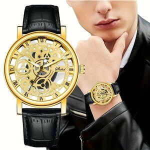 6299192636 クラシックローマンスケールファッションビジネスPUレザーステンレススチール時計 アクセサリー男性用 Golden+BlacK