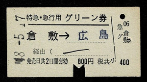 国鉄　山陽本線　特急・急行用グリーン券　倉敷から広島　倉敷駅発行　発駅は印刷　昭和48年