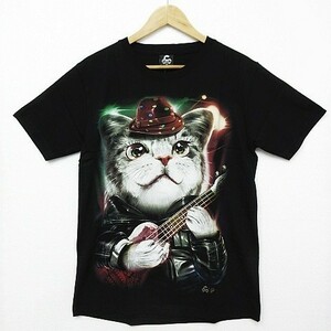 【送料無料】 【新品】半袖Tシャツ ネコ ねこ 猫 子猫 ギター バンド 蛍光ペイント 両面プリント黒 メンズS レディースM 男女兼用■TB470