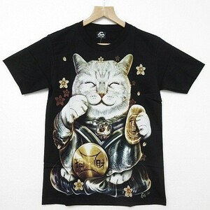 【送料無料/新品】半袖Tシャツ ネコ ねこ 猫 招き猫 幸運 貯蓄 和柄 蛍光ペイント 両面プリント黒 メンズXS レディースS 男女兼用■TB416