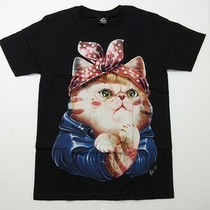 送料無料/新品 半袖Tシャツ ネコ ねこ 猫 子猫 がんばろう！ 蛍光ペイント 両面プリント黒 メンズL レディースXL 男女兼用■TB20-051