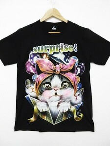 【送料無料】【新品】半袖Tシャツ ネコ ねこ 猫 子猫 リボン プレゼント 蛍光 両面プリント黒 メンズL レディースXL 男女兼用■TB476