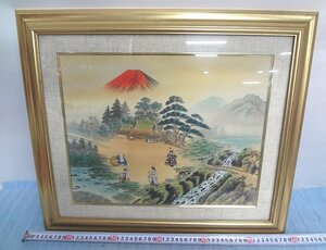 Mうや1995 絵画 石田雪外 赤富士と四福神 幸福 開運 美術品 日本画 風景画 壁掛け 額縁 フレーム インテリア コレクション