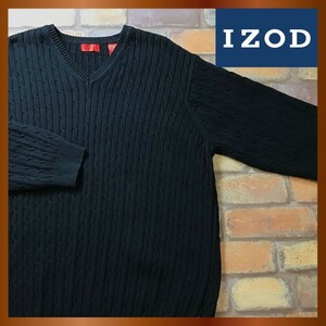 ME8-146★状態良好◎USA直輸入★【IZOD アイゾッド】ロゴタブ付 Vネックセーター【メンズ L】黒 ブラック コットン ケーブルニット 古着