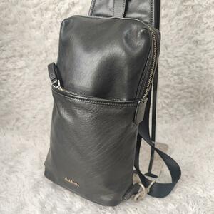 1円 【美品】Paul Smith ポールスミス ボディバッグ ショルダーバッグ オールレザー レザー 本革 ロゴ金具 マルチストライプ メンズ