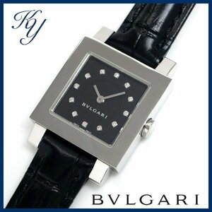 1円～ 3ヶ月保証付き 磨き済み 美品 本物 人気 BVLGARI ブルガリ クアドラード SQ22SL ダイヤ 革ベルト ブラック レディース 時計