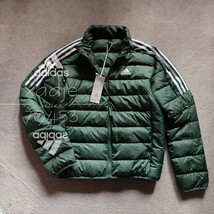 新品 正規品 adidas アディダス ダウン80 フェザー20 ダウンジャケット 緑 グリーン 白 ロゴプリント 三本ライン入り 細見 XO 2XL_画像1