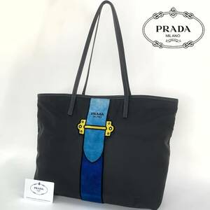 【未使用】PRADA/プラダ カイエ トロンプルイユ 1BG065 トートバッグ ナイロン/レザー/ベルベット ブラック×ブルー ユニセックス