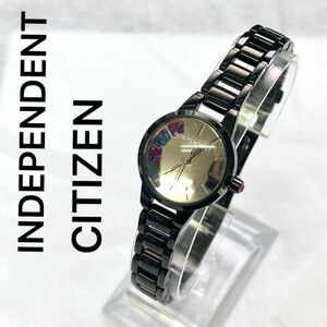 稼働　美品　CITIZEN INDEPENDENT レディース腕時計　ミラー　パープルストーン　おしゃれな腕時計　ブラック