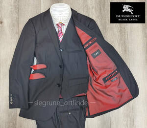 【美品】バーバリー ブラックレーベル 赤裏地 微光沢シャドーストライプ柄 スリーピース スーツ 92-76-170 38R (Mサイズ) BLACK LABEL