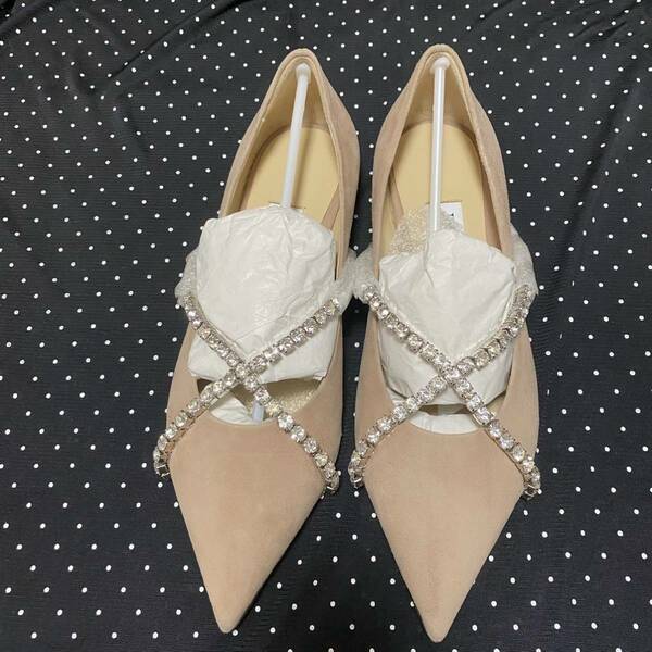 【新品・未使用】JIMMY CHOO/ジミー チュウ　クリスタルチェーン付き スエード・ポインテッド トゥ フラットシューズ　購入証明書付