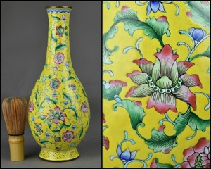 中国美術 唐物 銅製 琺瑯彩 七宝 鶴首花瓶 花入 古美術品 高さ26.6cm KK-51208