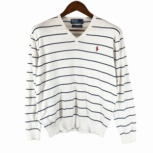 SALE/// 90年代 Polo by Ralph Lauren Vネック コットン ニット セーター カジュアル ボーダー ホワイト (メンズ M) P0615