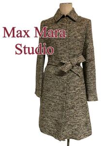 ★マックスマーラ★Max Mara Studio ロングコート ツィード 希少 ファンシー ツィード ダブル ベルト付き ウール 毛