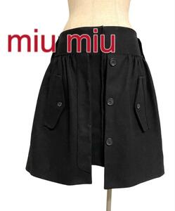 美品★miu miu★ミュウミュウ スカート ブラック フレア 無地 ウール ラップ風 ミニ 台形 黒