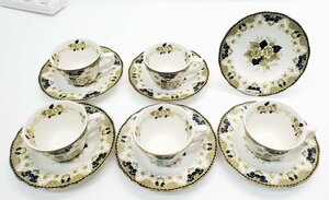 §　A65679 NIKKO JAPAN ダブルフェニックス カップ＆ソーサー カップ5客 ソーサー6枚セット 刻印あり 中古 食器 ※貫入あり グリーン 花柄