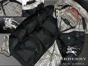 希少Lサイズ！ビバンダムダウンジャケット　ブラック×ノバチェック　ラビットファー▼バーバリーブラックレーベル BURBERRY BLACK LABEL