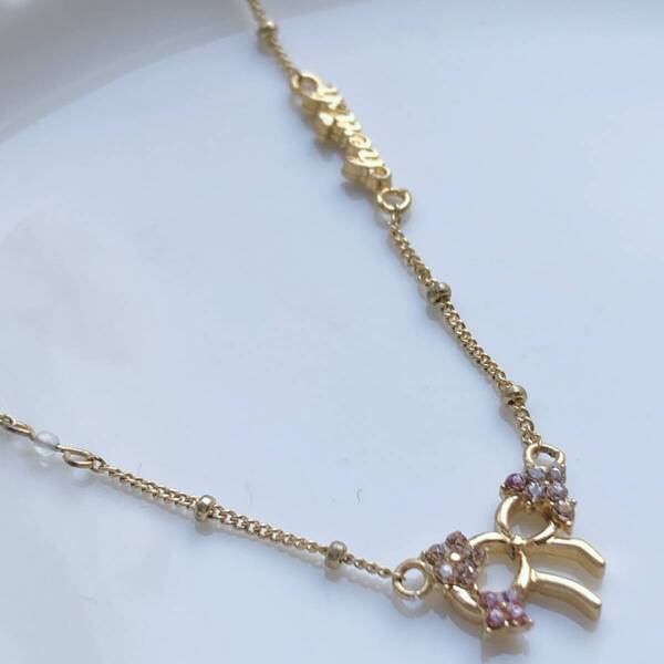 ネックレス ローズクォーツ ゴールド リボン 高見え Cherish(チェリッシュ)ピンクストーン☆Vintage jewelry accessories A0888