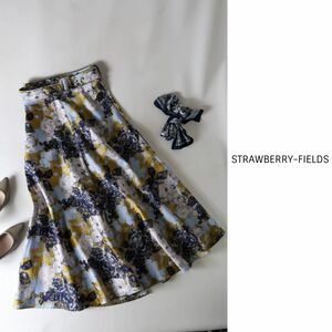 超美品☆ストロベリーフィールズ STRAWBERRY-FIELDS☆洗える ベルト付き ジャガードフレアースカート☆A-O 8105