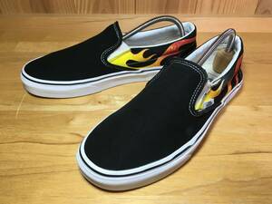 ★VANS バンズ US企画 slip on スリッポン 黒×白 フレイムス 炎 27.0cm 傷あり Used 検 SK8 オールドスクール ERA スニーカー