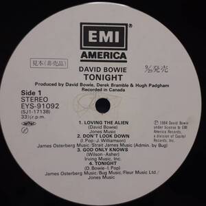 PROMO日本盤LP 見本盤 白ラベル David Bowie / Tonight 1984年 EMI America EYS-91092 デビッド・ボウイIggy Popp Beach Boys プロモ非売品