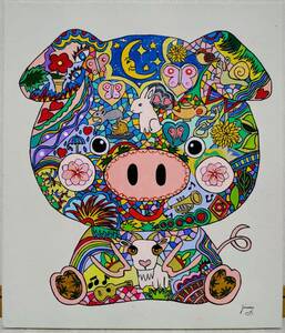 【F10号】ジミー大西【Pig(豚)】手描き大型作品/肉筆保証/サイン・裏描き有/アクリル/油彩/油絵/額縁/模写/検索（草間彌生 岡本太郎)