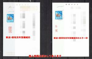 【エンタイヤ・エラー年賀機械印他】平成鴛鴦41円貼（ハガキ）２種♯