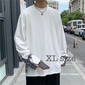 ロングTシャツ チェック トップス ロンT ビッグシルエット ホワイト 白 XL