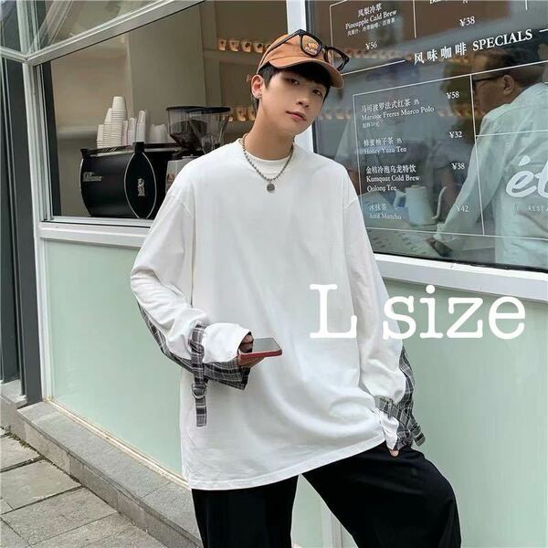 ロングTシャツ チェック トップス ロンT ビッグシルエット ホワイト 白 L