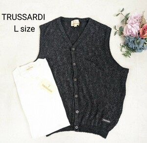 おまけ付き　TRUSSARDI トラサルディ　メンズ　ウールニットベスト　ジレ&タグ付き白Tシャツセット　春夏秋冬　黒ブラック　Ｌ大きいサイズ