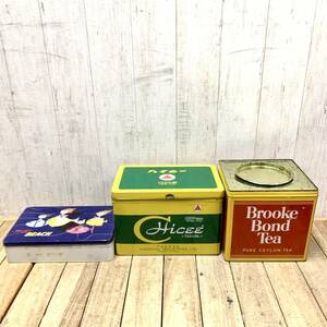 ▼ブリキ缶 3点セット Brooke Bond Tea ハイシー BEACH 赤 黄色 緑 青 収納 昭和レトロ 空き缶 アンティーク インテリア コレクション 