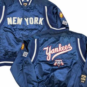 90s New York Yankees ナイロン ジャケット L ネイビー MLB Cooperstown メジャーリーグ サテン スタジャン ロゴ ニューヨーク ヤンキース