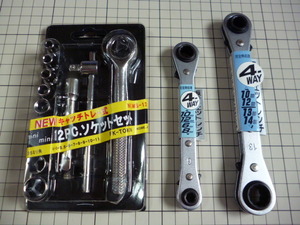 【 日本製 KOBE JAPAN 】 FK-TOMON 完全熱処理 4-WAY 板ラチェットレンチ めがね & 12PC ソケットセット 合計3点セット 工具 ツール DIY