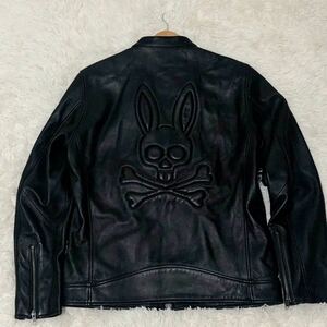 【紳士服の極み/Lサイズ】Psycho Bunny サイコバニー レザージャケット ラムレザー 羊革 シングルライダース エンボスロゴ ダブルジップ 