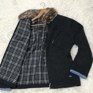 【美品/紳士服の極み】Lサイズ！ファー付！BURBERRY BLACK LABEL ニットジャケット ブルゾン 3サイズ ホースロゴ グレー 羊毛 ノバチェック