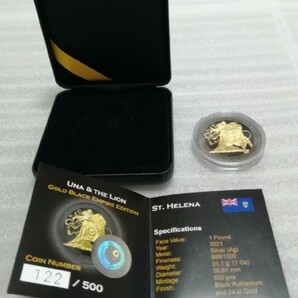 セントヘレナ 2021 ウナとライオン 銀貨 ゴールド ブラック エンパイア オリジナル箱と証明書付きの画像8